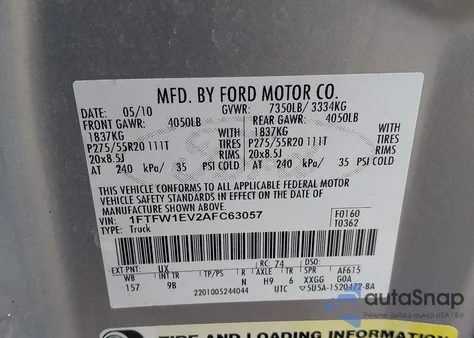 2010 Ford F150 Supercrew из США, поврежденный, VIN 1FTFW1EV2AFC63057